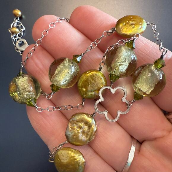 Sterling Silver Glass Mother of Pearl Lariat Chain Necklace - Picture 9 of 9